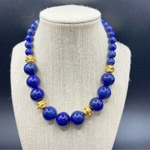 Blue Lapis Lazuli Necklace Graduated Stone Beads  With Gold Accent Beads 16"